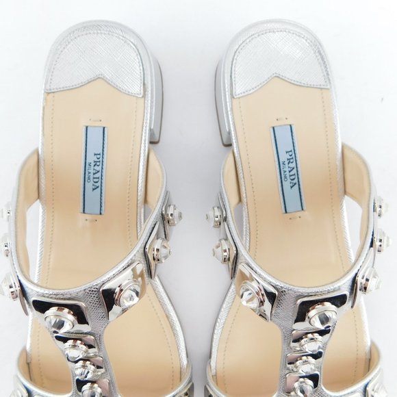 PRADA Crystal Embellished Silver Saffiano T-Strap Block Heel Slide Sandals 37.5 - Picture 4 of 10